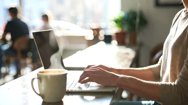 Student studying an online education course on a laptop while acting as a blog writer. Female hands typing on a technology keyboard in a cozy morning lifestyle. 