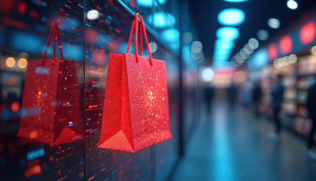 Red shopping bag hangs on wall reflecting digital data. Store interior with blurred shoppers and colorful lights suggests retail tech and marketing concepts.