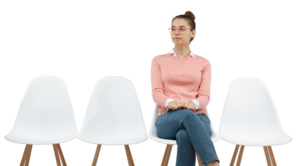 Young woman with glasses in pink sweater sitting on chair waiting in reception area looking away