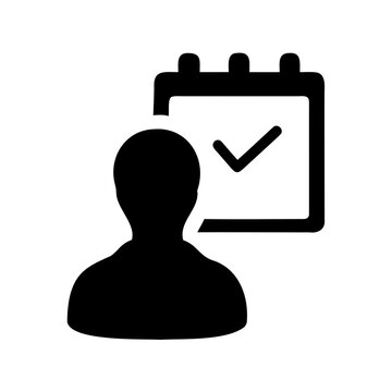 Confirmed schedule or appointment icon featuring a person silhouette and a calendar with a checkmark