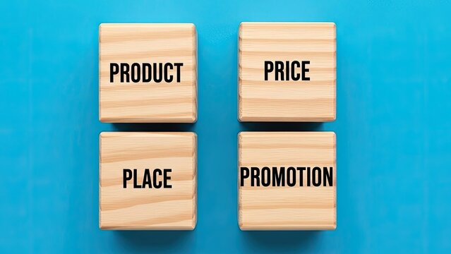 Marketing mix strategy with wooden blocks on blue background