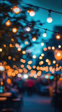 Festive outdoor string lights with warm bokeh and blurred people in background creating a cozy atmosphere