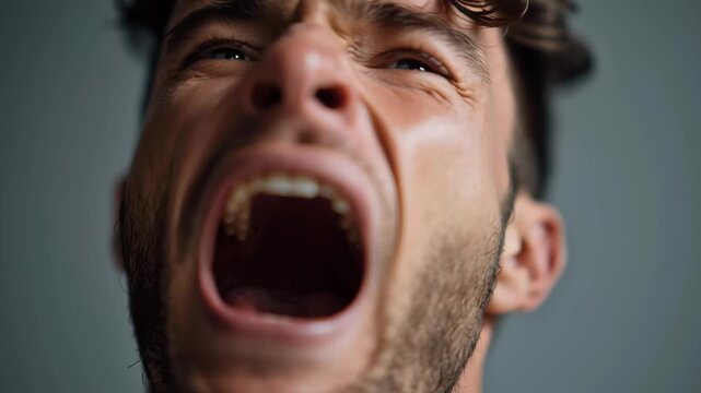 A man with a mouth wide open, his face contorted in anger. Concept of frustration and anger, as if the man is in the middle of a heated argument or experiencing a moment of intense emotion