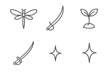 Fototapeta premium Airy Sabre Sprout Icons. Line style vector icons of airy sabre sprout: curved-wing insect form, light wing arc, narrow sabre track