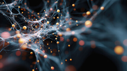 Abstract 3D Network Structure with Glowing Interconnected Nodes and Filaments: Futuristic Scientific Visualization Representing Neural Connections, Spider Webs, Big Data Transfer