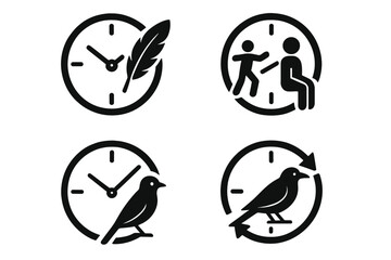 Clock and Crow Icons. Icons for: clock hands pointing toward a feathered form, moving arms guiding a still watcher, slender