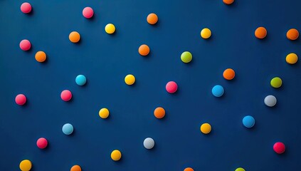 A vibrant, abstract pattern of multicolored spherical dots scattered across a deep blue background