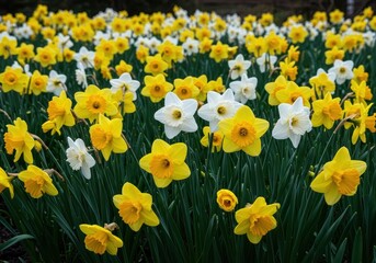 Obraz premium A stunning, extensive display of bright yellow and white narcissus flowers thriving in a meticulously maintained outdoor garden during springtime, spring, horticulture, green