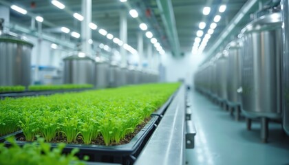 Green sprouts grow in trays inside a biomanufacturing facility with large stainless steel fermentation tanks. Automated cultivation ensures sustainable food production for future nutrition.