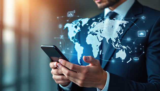 Man in suit uses smartphone for global digital marketing. World map interface shows connection icons for communication, social media, apps, and data. Business strategy for worldwide reach. - Powered by Adobe