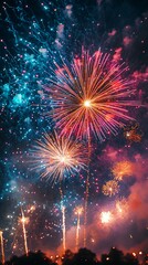 Fototapeta premium Fireworks colorful explosion celebration sky high resolution picture
