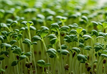 Obraz premium Healthy, vibrant green cress microgreens photographed in bright light, emphasizing organic growth and nutritional value. Ready for harvesting, green, spice, vibrant