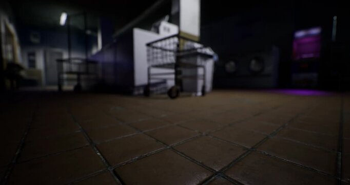 In a shadowy laundry space, industrial carts rest on tiled floors. The walls are lined with appliances, with only a hint of light illuminating the area, creating a mysterious atmosphere.