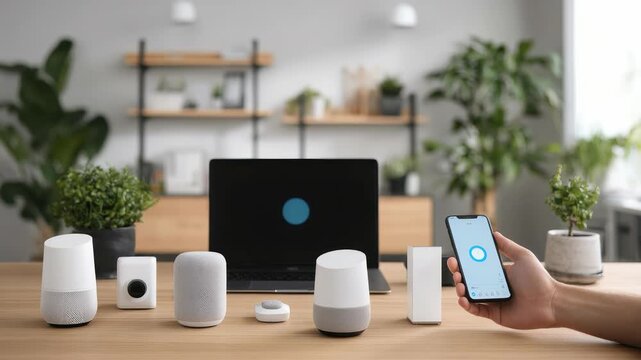 A collection of smart home devices, including speakers and sensors, is arranged on a desk, surrounded by green plants. A hand holds a smartphone, showcasing wireless control and connectivity