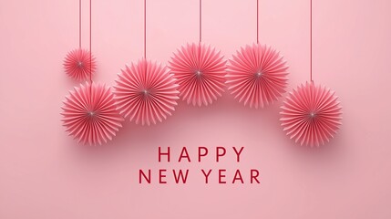 Happy New Year card design with pink paper fans hanging on strings and text on a light pink background
