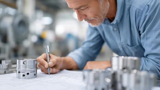A man is writing with a pen on a piece of paper. He is focused on his work and he is in a serious mood