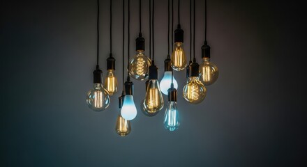 Multiple light bulbs hanging from ceiling with different colors