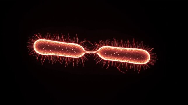 Time-lapse of binary fission in bacteria. A single bacterium elongates and divides into two identical cells, demonstrating basic, simple cellular reproduction.