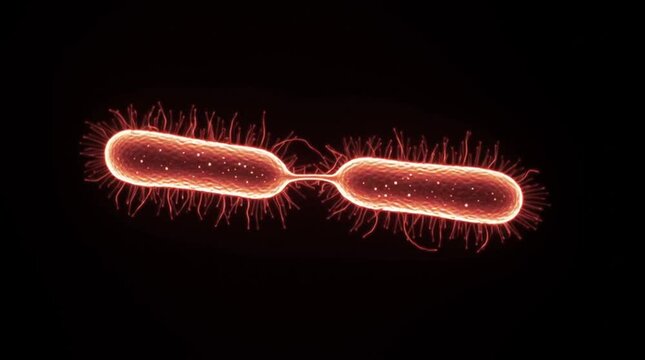 Time-lapse of binary fission in bacteria. A single bacterium elongates and divides into two identical cells, demonstrating basic, simple cellular reproduction.