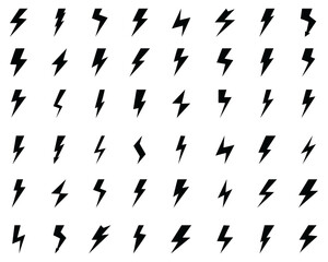 Black Icons of thunders lighting bolts on a white background
