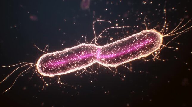 Time-lapse of binary fission in bacteria. A single bacterium elongates and divides into two identical cells, demonstrating basic, simple cellular reproduction.