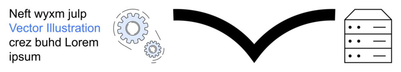Technology, data flow, innovation, server management, engineering processes, digital systems. Gears, arrow and server structure illustration. Technology and data flow concepts