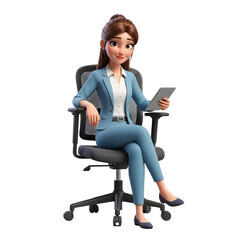 Charming 3D businesswoman character seated with a tablet, embodying corporate efficiency and approachable digital engagement in a professional setting