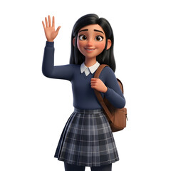 Friendly 3D animated schoolgirl character in a classic uniform, cheerfully waving hello, isolated on a clean white background, representing welcome and education