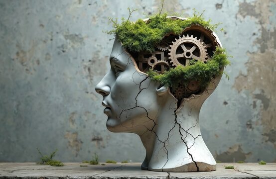Cracked head bust with inner gears and green moss. Symbolizes organic thought processes, mental health challenges, and the complex workings of the human mind.