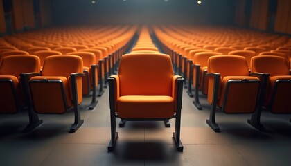 Empty orange seat in large hall audience rows. Dark theatre interior, empty rows of chairs receding into distance. Waiting hall, conference room perspective, focus on single vacant chair.