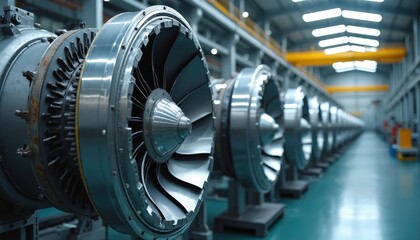 Lineup of large metal turbine rotors in factory. Precision engineered components on assembly line. Industrial manufacturing, heavy machinery, complex mechanisms, engineering technology.