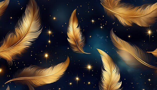 golden feathers floating on a dark starry background seamless file