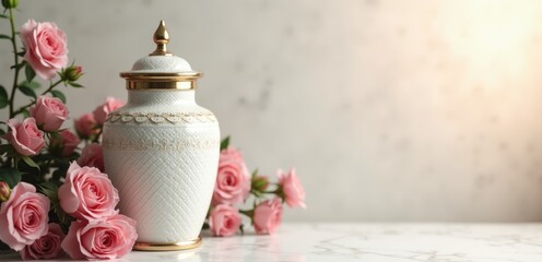 white urn with patterns, pink roses, large-scale plan, funeral and cremation. copy space.