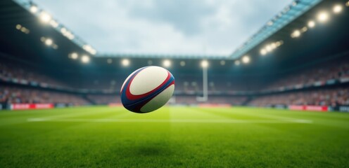 rugby ball flies high above the stadium field
