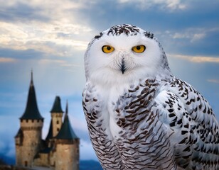 Obraz premium snowy owl sitting in front of castle