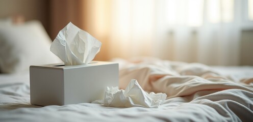 white paper container with crumpled handkerchiefs on the bed, close-up, illness, cold, mundane evidence of a common cold
