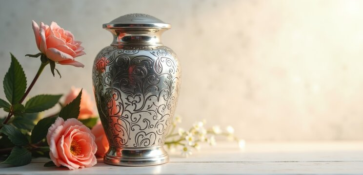 metal funeral urn, pink roses, close-up, light background, copy space. funerals and cremation.