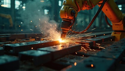 Automated robot arm performs precision welding on metal parts. Bright sparks fly as machine works, creating industrial components in factory setting. Close up detail shows manufacturing process with