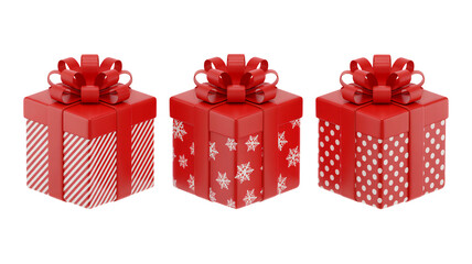 Obraz premium Three vibrant red holiday gift boxes with festive patterns sit ready for celebration against black