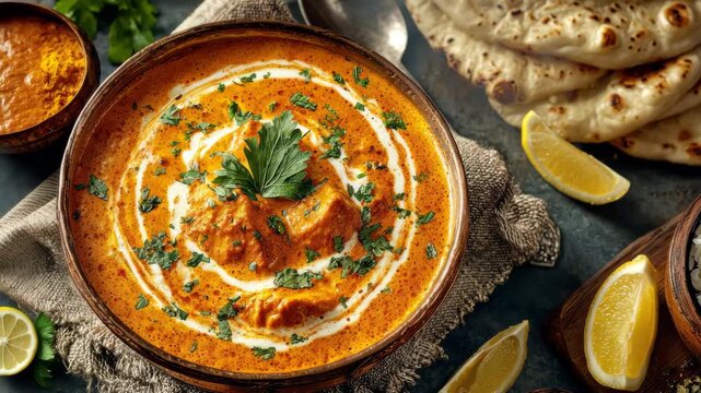 Delicious butter chicken with fresh naan and citrus garnish in cozy dining setting