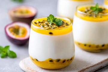 Dessert glasses display layered panna cotta with passion fruit puree, garnished with fresh mint.