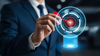 Businessman interacting with futuristic interface in a dark setting