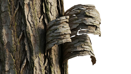 Close-up view of a tree trunk with rough, textured bark peeling off in strips.