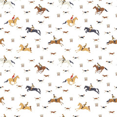 Seamless pattern with horse riders and hunting dogs on white background in vintage equestrian style