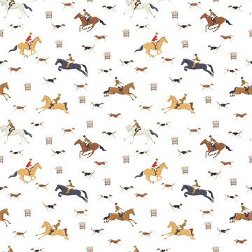 Seamless pattern with horse riders and hunting dogs on white background in vintage equestrian style