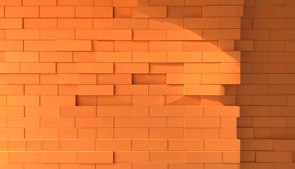 Obraz premium Modern orange brick wall with clean geometric pattern and soft light shadows. Minimal architectural background ideal for interior design, branding, posters, web design, and creative layouts.