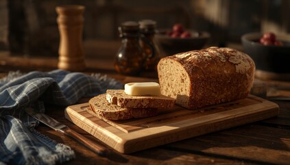 Rustic Bread and Butter in Cozy Farmhouse Kitchen with Warm Light