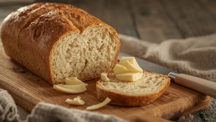Rustic Bread and Butter on Wooden Cutting Board in Warm Light