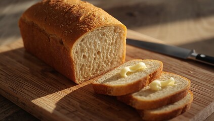 Rustic Bread and Butter on Wooden Cutting Board in Warm Light
