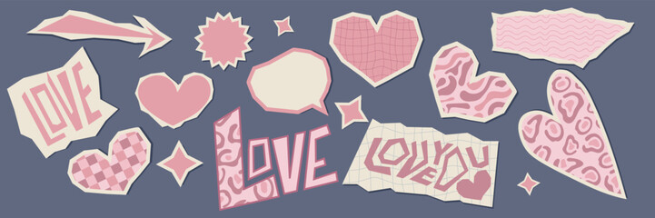Cut-out collage elements from torn paper with jagged edges and abstract frames. Irregular shapes and the word "love." A versatile collection of for social media, journals, and cards.